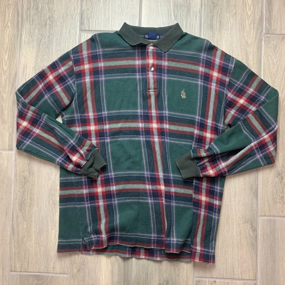 Vintage Nautica Bootleg Long Sleeve Polo Tee Green Plaid Size Large